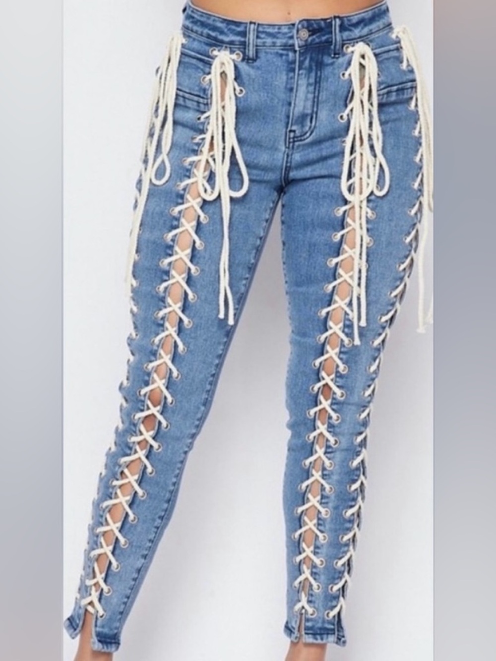 Women’s Light Blue Lace-Up Skinny Jeans